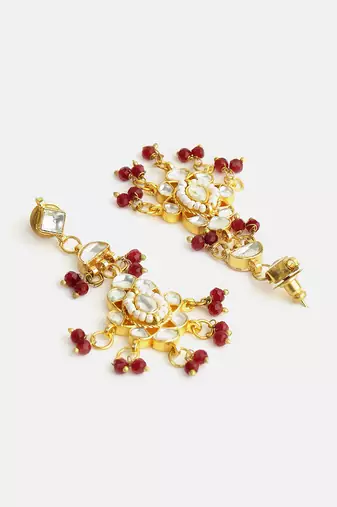 Gold plated kundan maroon drop earrings