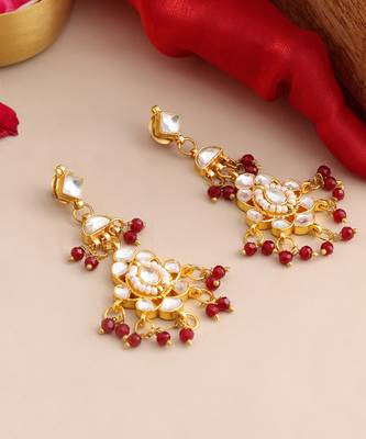 Gold plated kundan maroon drop earrings 4