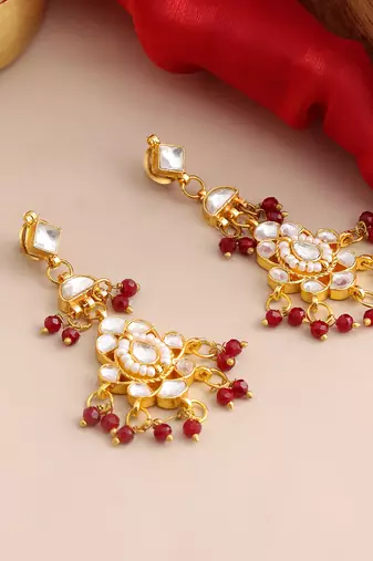 Gold plated kundan maroon drop earrings