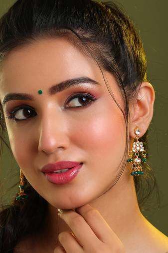 Gold plated kundan green chandbali earrings