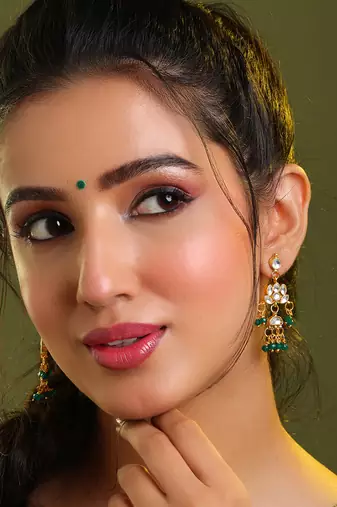Gold plated kundan green chandbali earrings