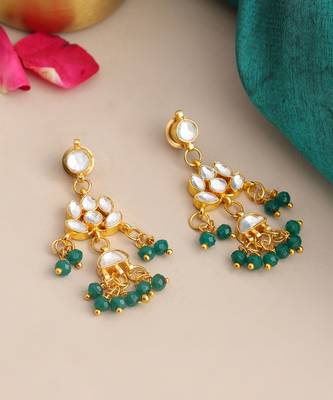 Gold plated kundan green chandbali earrings 3