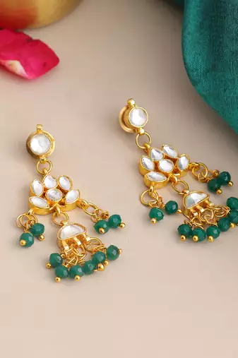 Gold plated kundan green chandbali earrings
