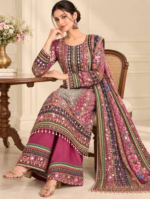 Wine crepe silk blend printed suit set 3