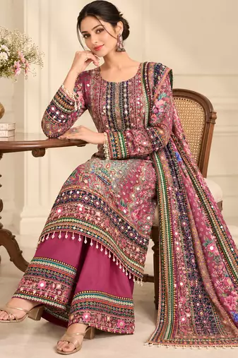 Wine crepe silk blend printed suit set