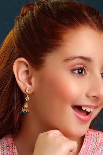 Gold plated kundan green drop earrings