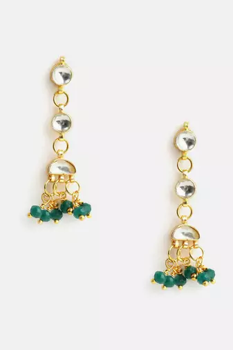 Gold plated kundan green drop earrings