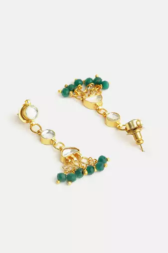 Gold plated kundan green drop earrings