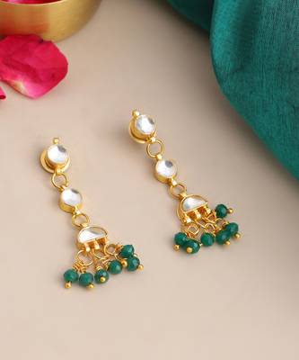 Gold plated kundan green drop earrings 5