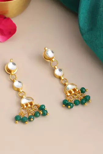 Gold plated kundan green drop earrings