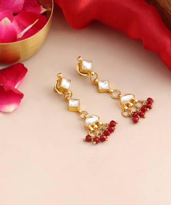 Gold plated kundan maroon drop earrings 2