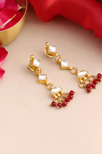 Gold plated kundan maroon drop earrings