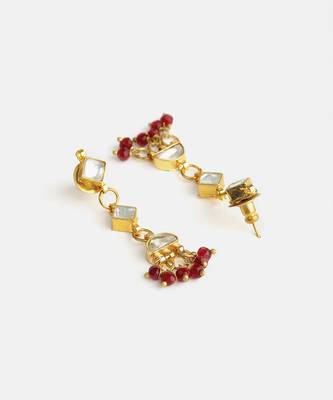 Gold plated kundan maroon drop earrings 3