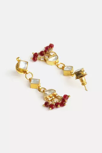 Gold plated kundan maroon drop earrings