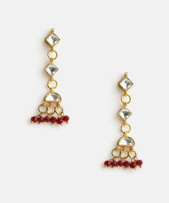 Gold plated kundan maroon drop earrings 4