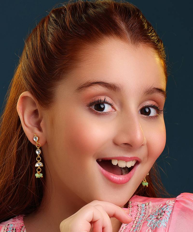 Gold plated kundan green drop earrings