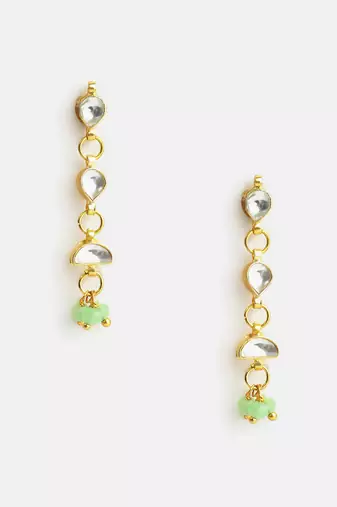 Gold plated kundan green drop earrings