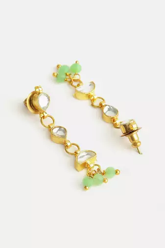 Gold plated kundan green drop earrings