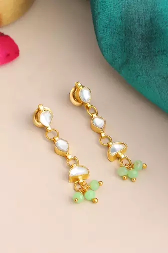 Gold plated kundan green drop earrings