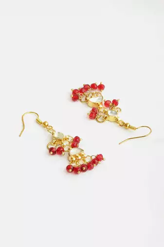 Gold plated kundan red drop earrings