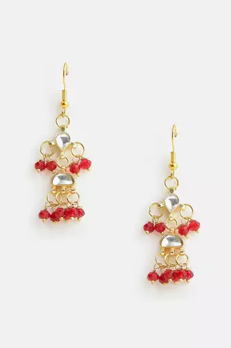 Gold plated kundan red drop earrings