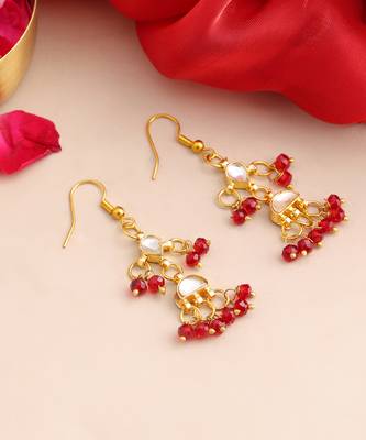 Gold plated kundan red drop earrings 4