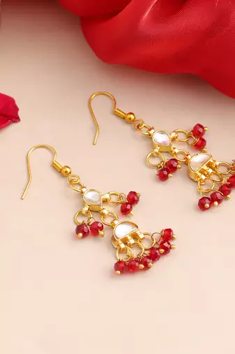 Gold plated kundan red drop earrings