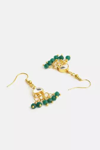 Gold plated kundan green drop earrings