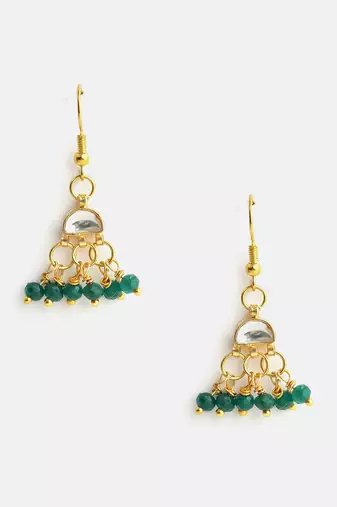 Gold plated kundan green drop earrings