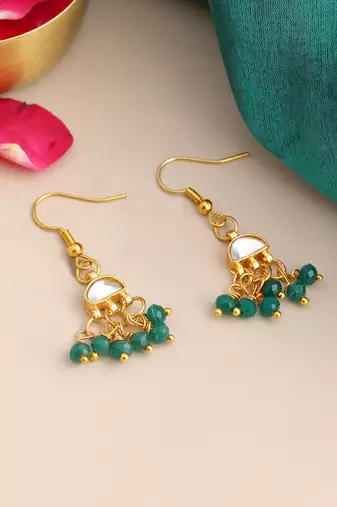 Gold plated kundan green drop earrings