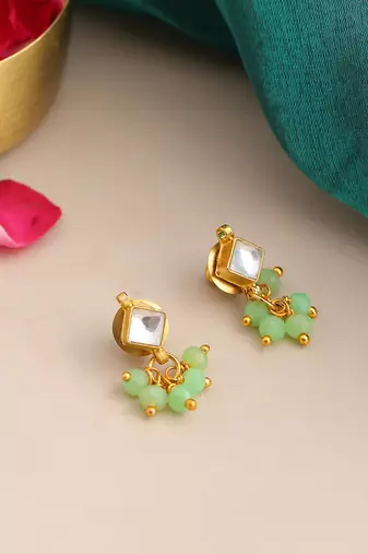Gold plated kundan green stud earrings