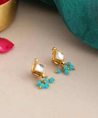 Gold plated kundan blue stud earrings 2