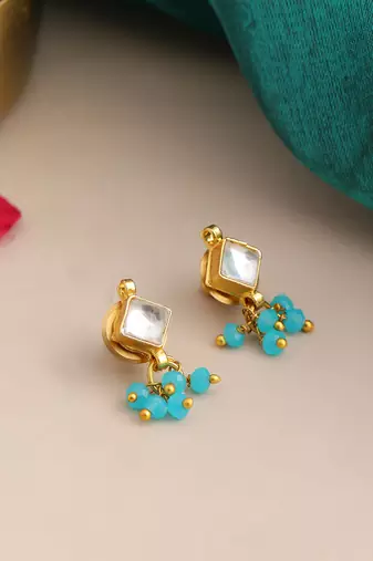 Gold plated kundan blue stud earrings