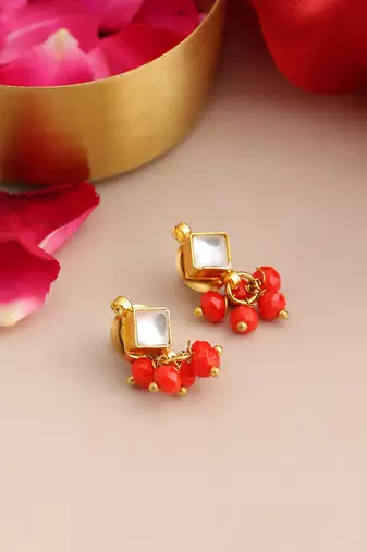 Gold plated kundan red stud earrings