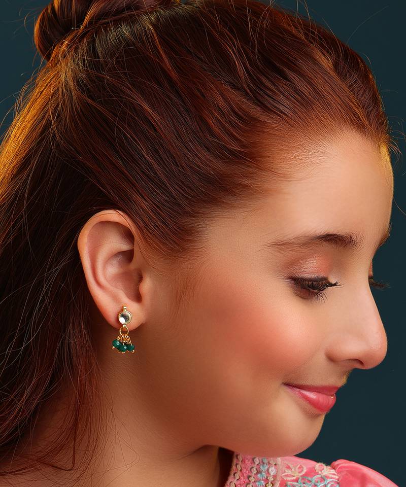 Gold plated kundan green pearl earrings