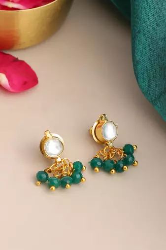 Gold plated kundan green pearl earrings