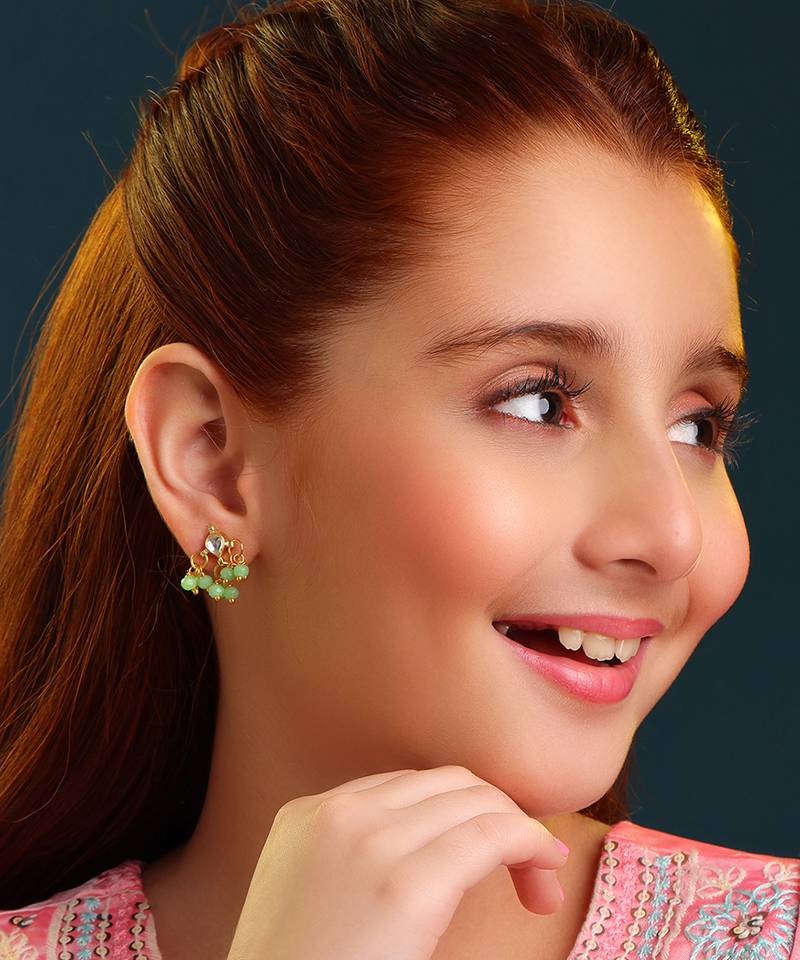 Gold plated kundan green cluster earrings