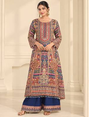 Navy blue crepe silk blend printed suit set 1