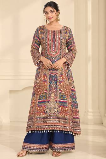 Navy blue crepe silk blend printed suit set