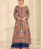 Navy blue crepe silk blend printed suit set
