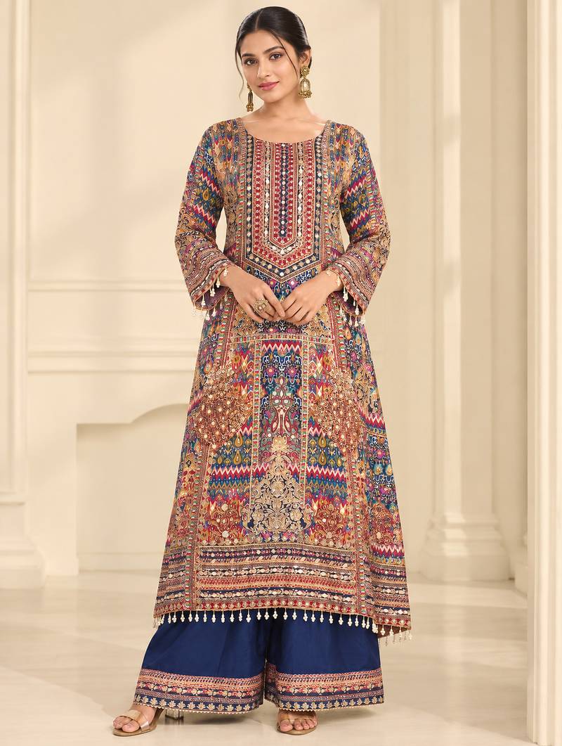 Navy blue crepe silk blend printed suit set