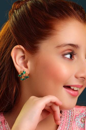 Gold plated kundan emerald green earrings