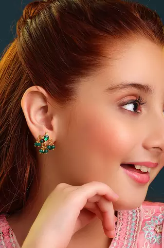 Gold plated kundan emerald green earrings