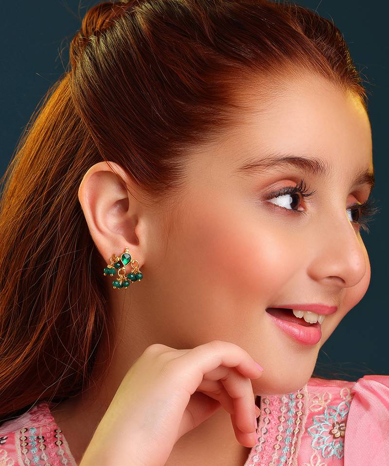 Gold plated kundan emerald green earrings