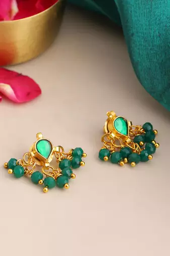Gold plated kundan emerald green earrings