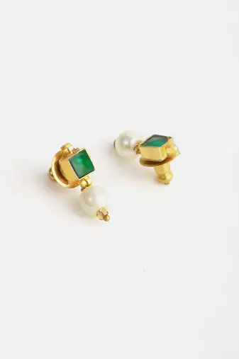 Gold plated kundan green stud earrings