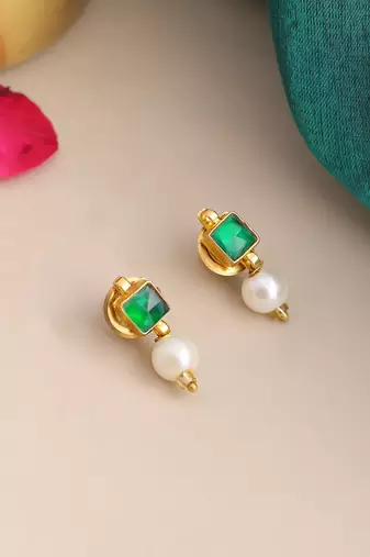 Gold plated kundan green stud earrings