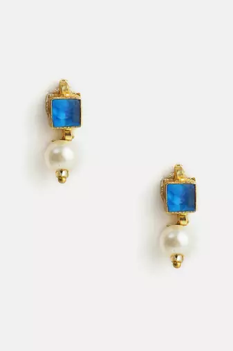 Gold plated kundan blue stone pearl earrings