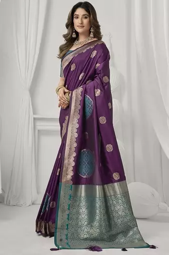 wine soft silk blend with fancy pom pom detailing festive wear saree