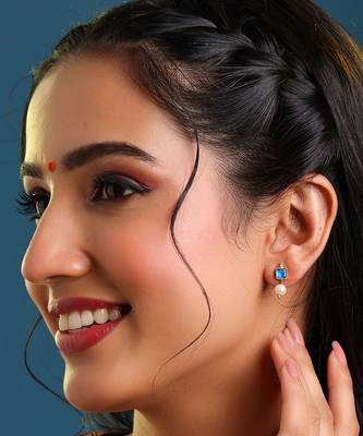 Gold plated kundan blue stone pearl earrings 4